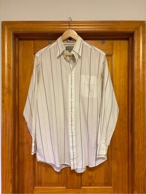 Christopher Hayes Classic Striped Long-Sleeve Shirt - Cream with Navy Stripes